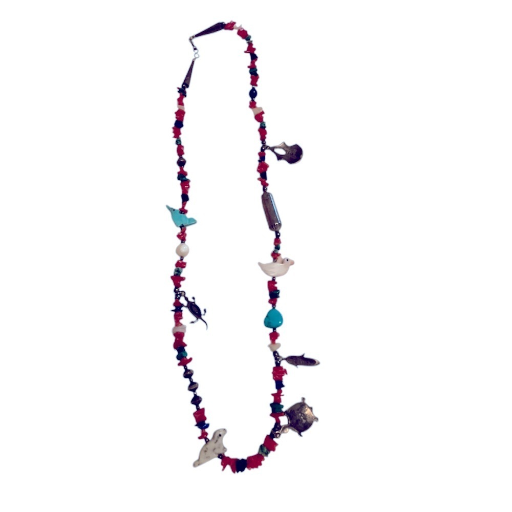 Native American Red and Blue Beaded Fetish Necklace with Charms